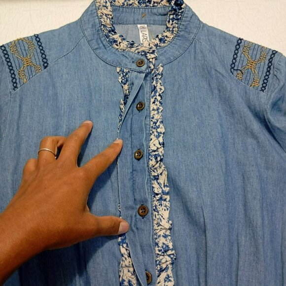 Anthropologie Lapis Maxi Dress Blue Chambray Embroidered Tiered Boho Western L - Picture 6 of 13